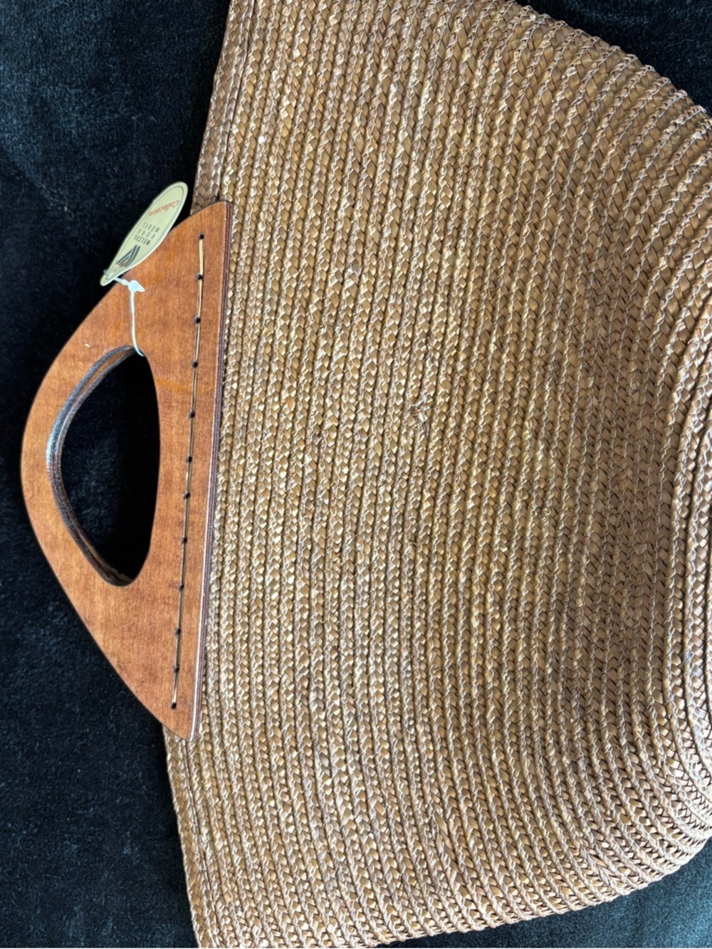 Woven Straw Tote with Wooden Handles - Natural Tan